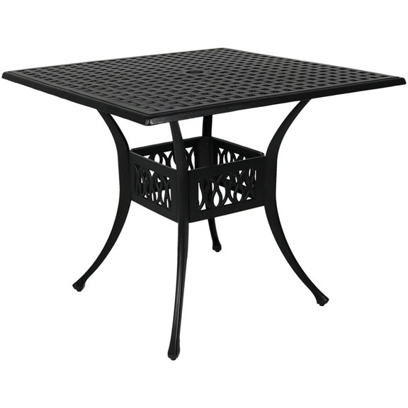 Sunnydaze 35" Square Cast Aluminum Outdoor Dining Table with Umbrella Hole, Black