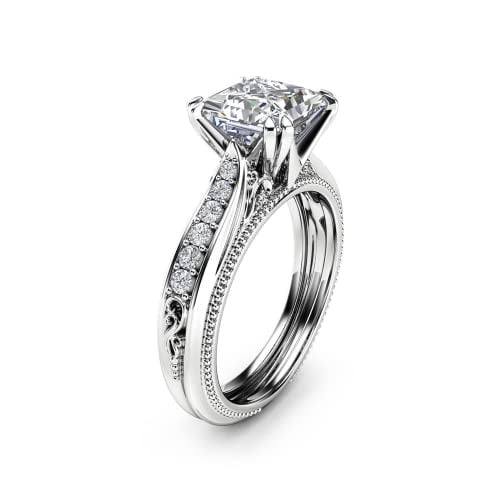 HeartsAndYou 1.9ct Princess Cut Moissanite Engagement Ring for Women 18k White Gold over Silver Art Deco Unique