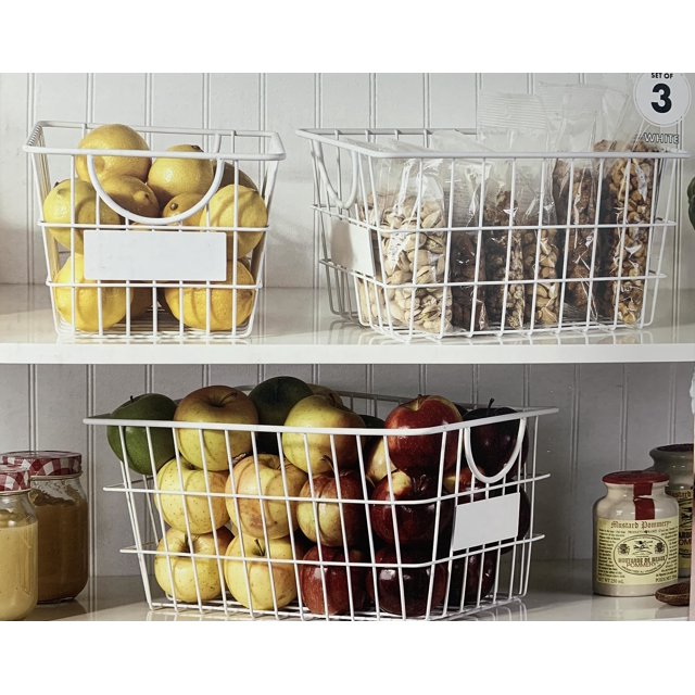 Mesa Kitchen Storage Baskets Set of 3 Wire Design, Stackable, White