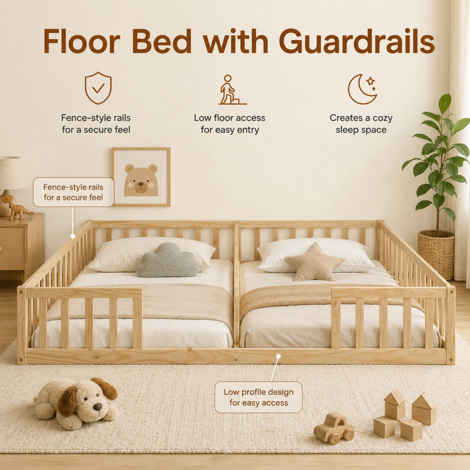 Miniyam Double Twin Floor Bed for Kids, Wood Bed Frame with Guardrails, Low Profile Design, Natural