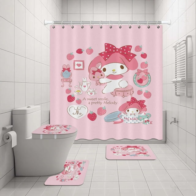 Hello Kitty Ensemble de Rideau de Douche Sanrio Impression Anime Imperméable Rideau de Douche Ensemble de Quatre Pièces Tapis Couvercle de Toilette en Forme de U LS