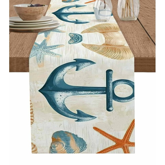 Nautical Anchor Burlap Cotton Table Runner 13x72 Inches Long, Coastal Ocean Vintage Starfish Shells Farmhouse Table Runners, Outdoor Dining Tablecloths Decor for Baby Shower/Party/Wedding