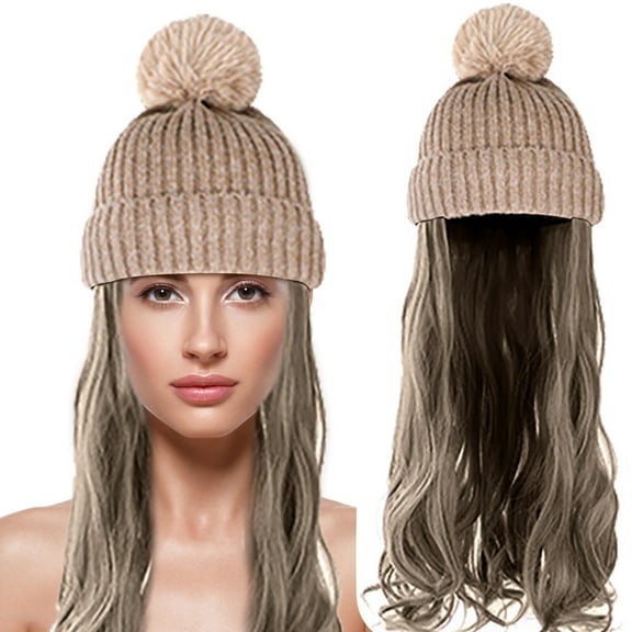 SUCS Beanie Hat Knit With Long Wavy Curly Hair Extensions Wig Dismountable Warm Knitted AttachedSynthetic Hairpiece For Women