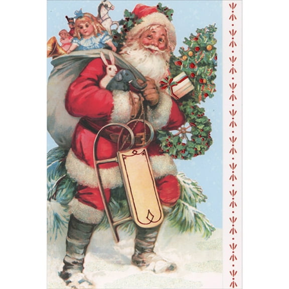 Pictura Classic Santa Carrying Sled, Tree, Wreath and Sackful of Toys Christmas Card
