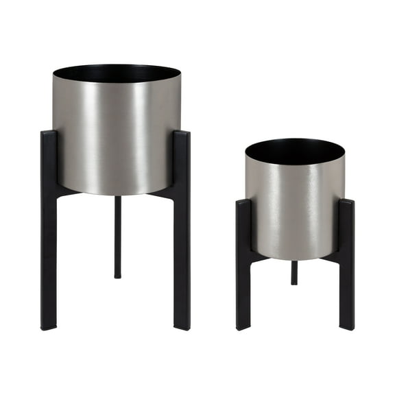 Kate and Laurel Kolding Modern Planter, Set of 2, Silver and Black, Elevated Industrial Tall Planter with Stand