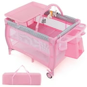 Gymax Portable Foldable Baby Playard Playpen Nursery Center w/ Changing Station Pink