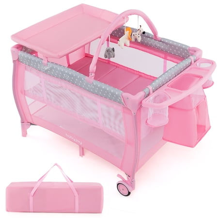 Gymax Portable Foldable Baby Playard Playpen Nursery Center w/ Changing Station Pink