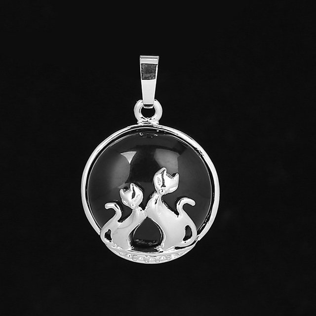 Pendentif Chat pour Collier Pierre Naturelle Perles Rondes Plates Pendentif Cœur d'Amour Femmes