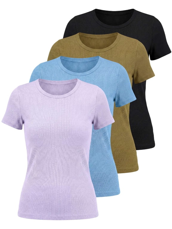 4 Pack: Women's Ribbed Knit Short Sleeve Crew Neck T-Shirt (Available in Plus)