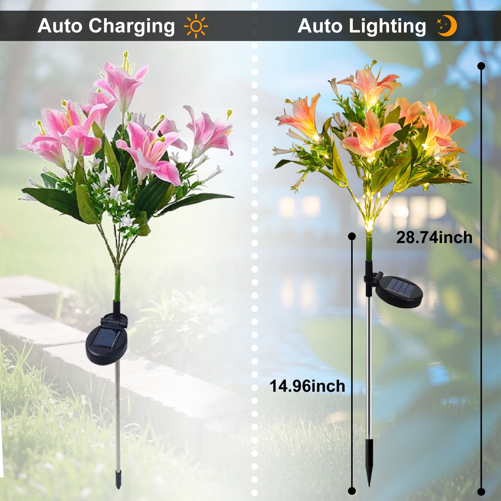 Solar Flower Lights Outdoor, 4 Pack Solar Powered Garden Lights with 28 Lily Flowers, Waterproof Pathway Lights for Outside Yard Patio Decor (Yellow, Blue, White, Pink)