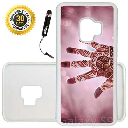 Custom Galaxy S9 Case (Mehandi Art Hands of India) Edge-to-Edge Rubber White Cover Ultra Slim | Lightweight | Includes Stylus Pen by