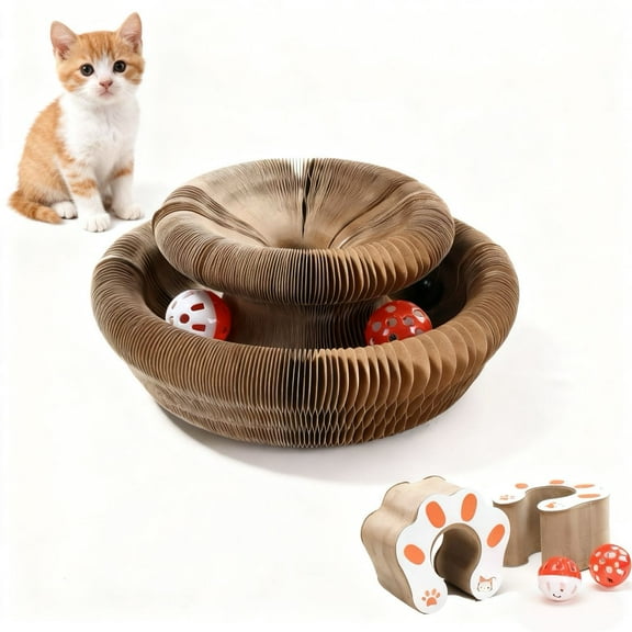 LCOKEIY Accordion Magic Organ Cat Scratching Board Toy with Two Bell Balls- 2 Pcs Kitty Kurlz Ball Scratch Pad Scratcher