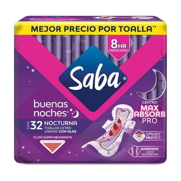 Toallas femeninas Saba Buenas Noches nocturna extra larga con alas flujo súper abundante 32 pzas