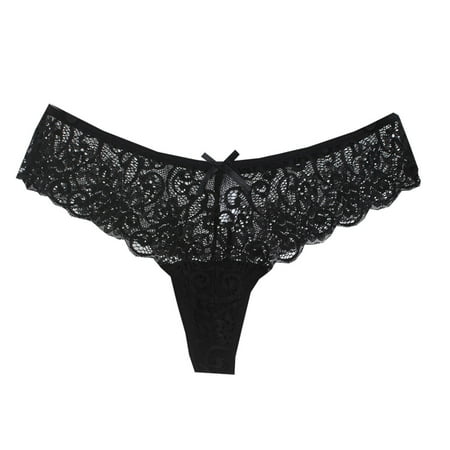 TIHLMK Womens Thong Underwear Plus Size Women Pack Clearance Women s Fashion Lace Flower Transparent Gauze Bow Low Waist G-string Pants Panties Thong Gifts for Women Black Underwear
