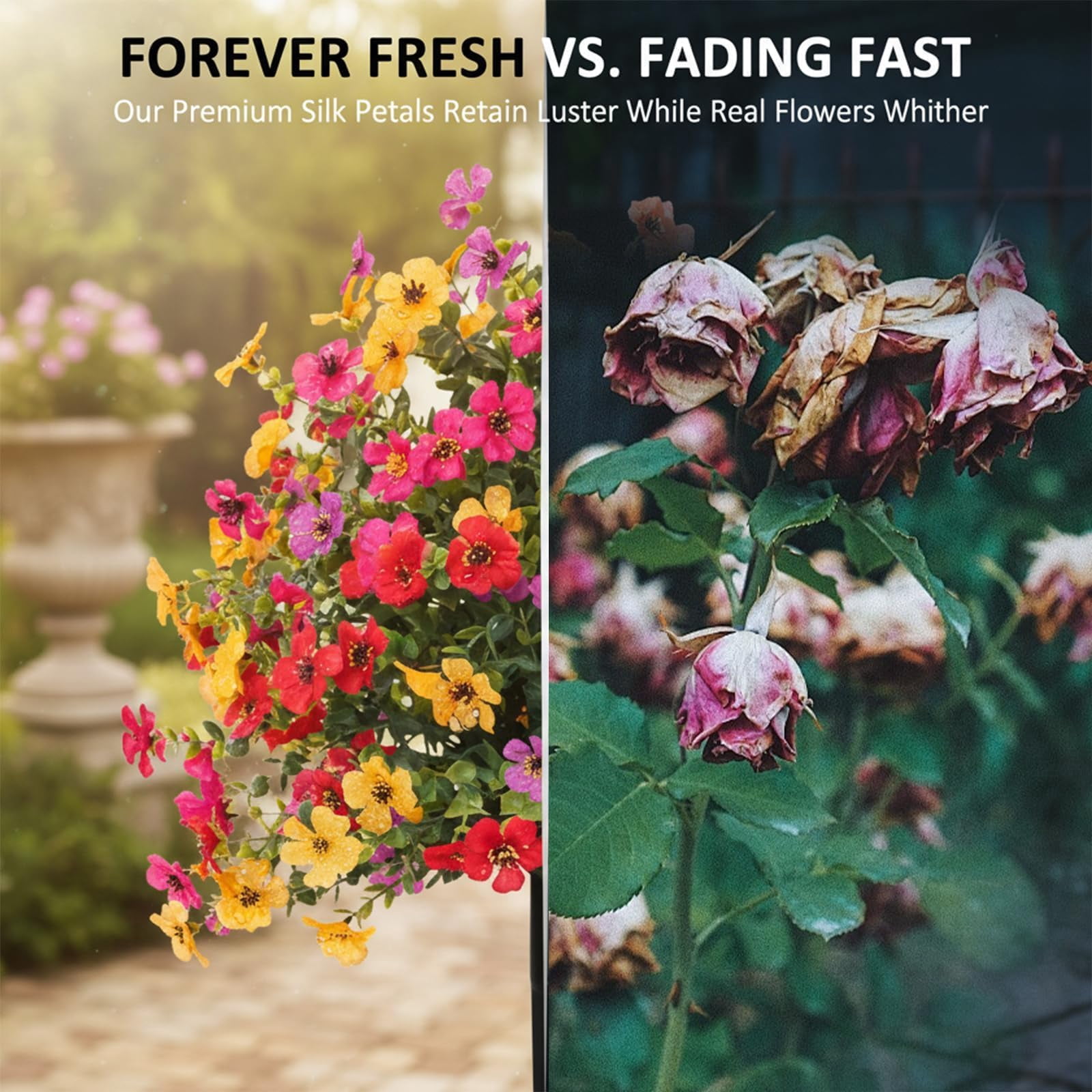 Artificial Flowers for Outdoors with Ground Stakes, 22 Inch UV Resistant Waterproof Faux Violet Blooms, Decorative Garden and Porch Display