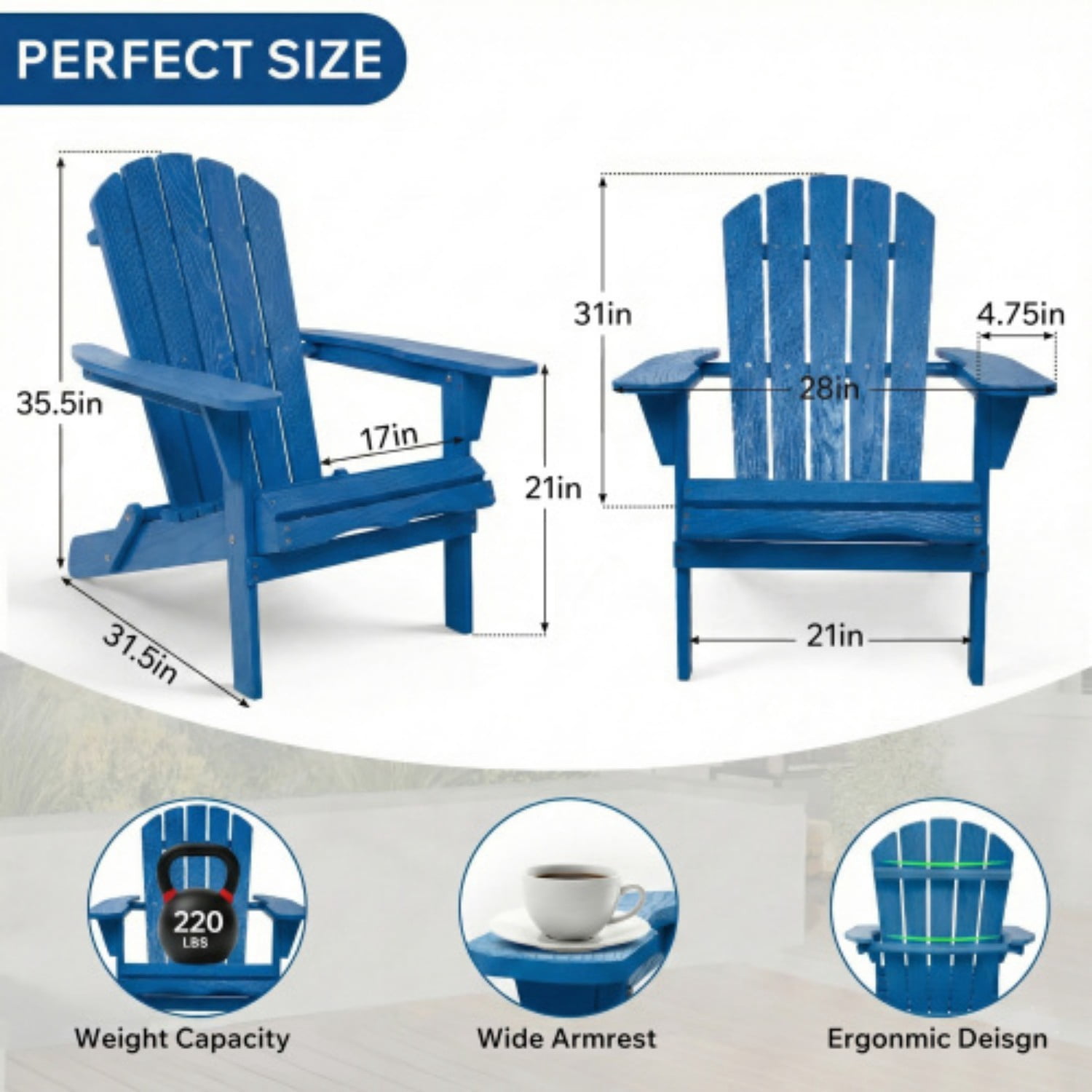 Wooden Adirondack Chair, Outdoor Folding Patio Lounge Chair with Pre-Assembled Backrest & Seat Board, Embossed Wood Grain, Hemlock Wood for Garden, Deck, Navy Blue