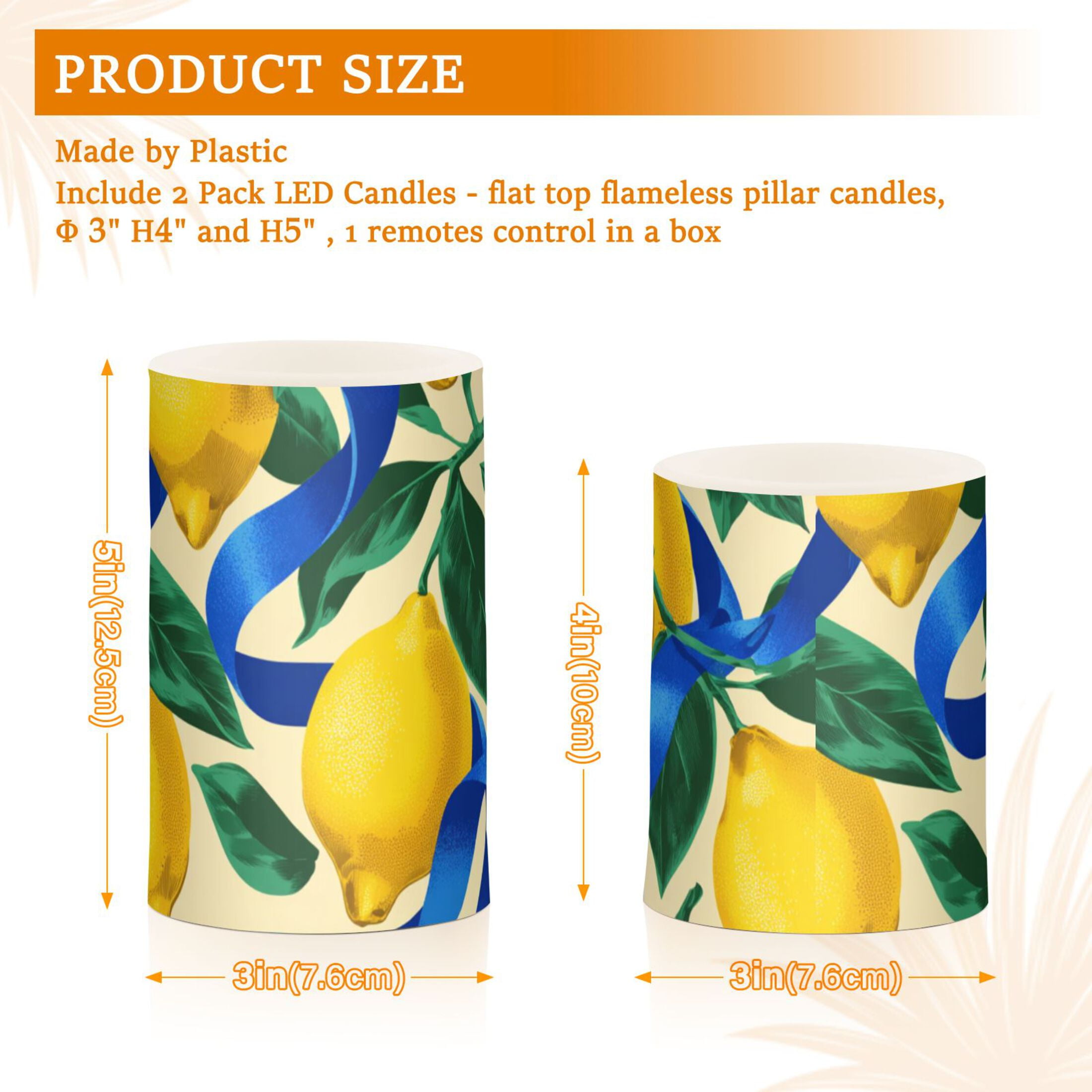 Lemons Leaves with Blue Ribbons Flickering Flameless Candles LED Tealight Battery Operated with Remote Set of 2 Holiday Decor Ornaments