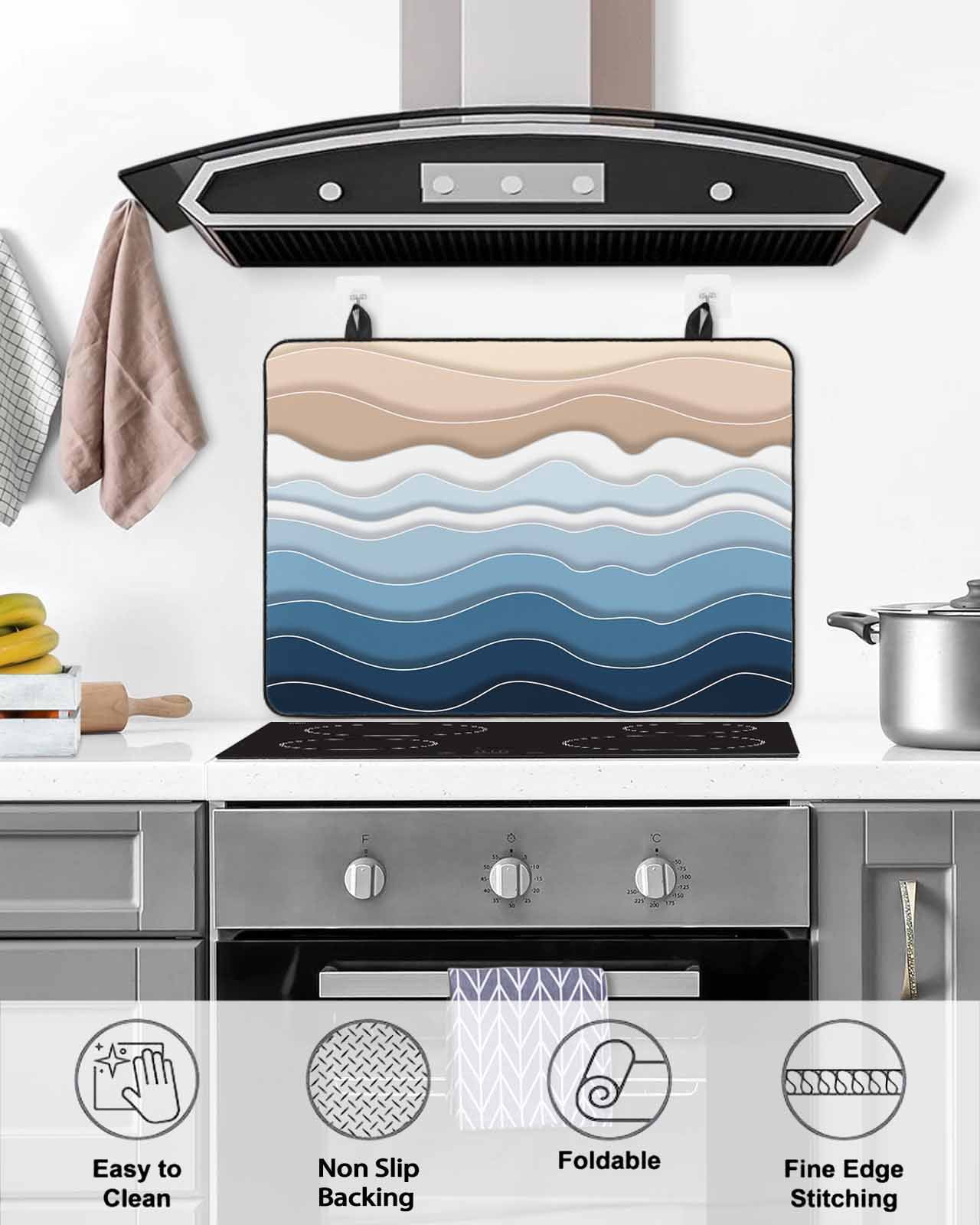 nqOlkjepod Large Induction Cooktop Protector Mat 24"x21", Navy Blue Ombre Stripe Stove Top Covers for Electric Stove, Abstract Summer Beach Coastal Stove Burner Cover Mats, Glass Top Stove Cover