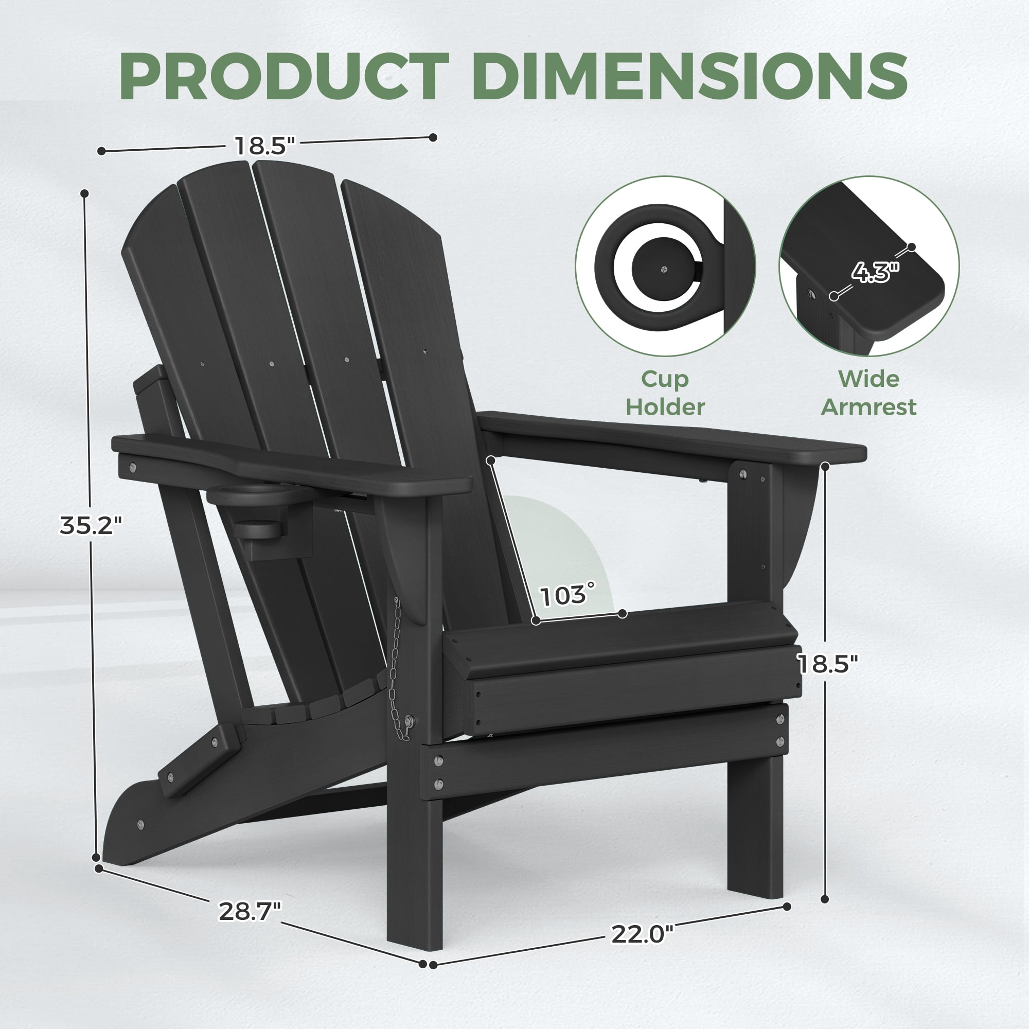 Folding Adirondack Chair, HDPE All-Weather Outdoor Patio & Firepit Chair with Ergonomic Extended Backrest & Cup Holder, Low Maintenance, Black