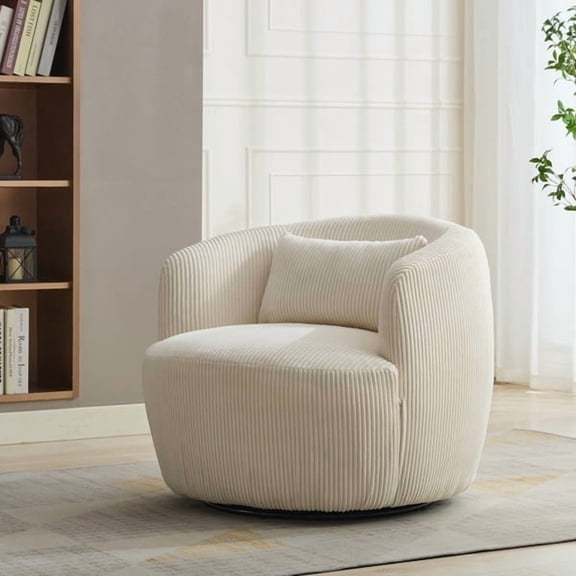 34" Corduroy Swivel Barrel Chair – 360° Rotating Lounge Chair with Pillow, Metal Base – Ivory Upholstered Armchair for Living Room, Office & Reading Nook