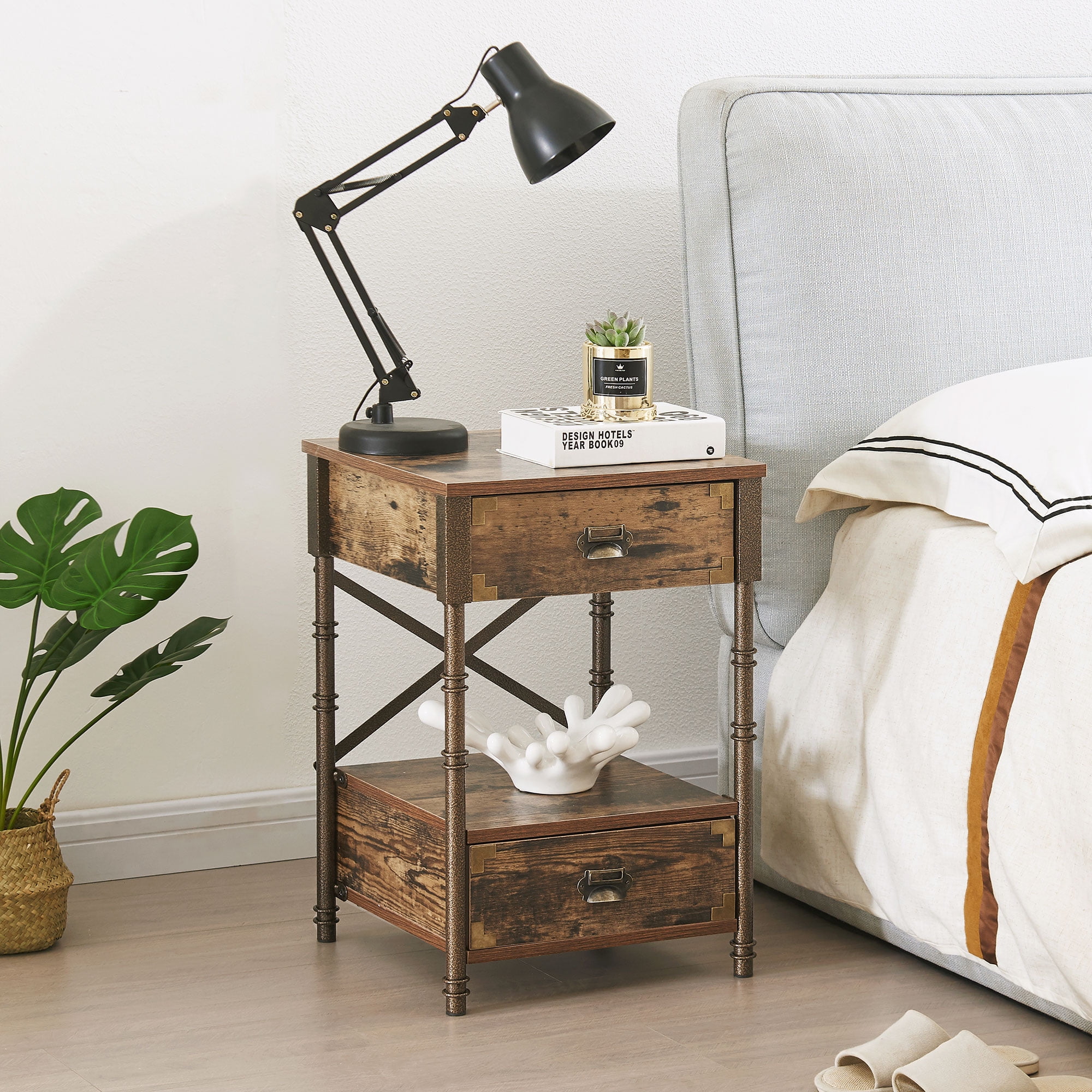 Javlergo Nightstand with 2-Drawer, Vintage End Side Table, Stable Frame, Brown