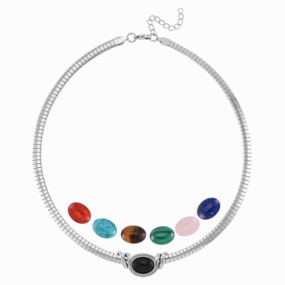 7pcs Interchangeable Multi Gemstone 51 ct Omega Chain Necklace 18-20" Steel