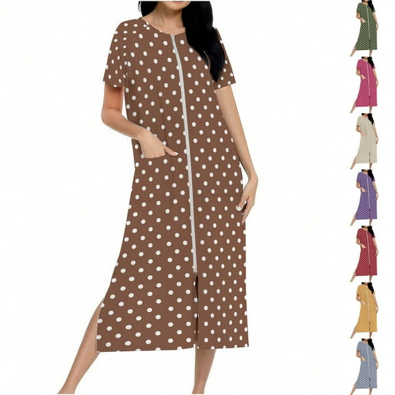 Fartey Zipper Front Robes for Women Loose Casual Short Sleeve Crew Neck House Coat Funny Polka Dots Print Nightgown Lightweight Long Loungewear with Pockets Blue S