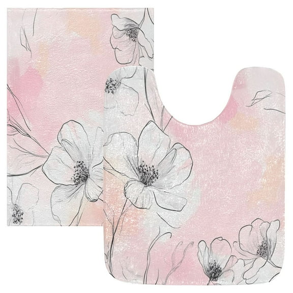 2 Piece Soft Bathroom Rug Set Drawing Of Flowers Bath Mat and U-Shaped Toilet Contour Rug (16"x24" 20"x24")