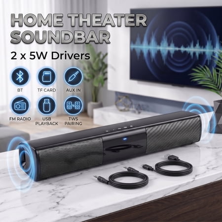 2x5W Wireless Bluetooth Soundbar Speaker for TV, TWS Stereo Home Theater Audio System, Supports USB, TF Card, FM Radio & AUX, Type-C Charging Portable Speaker for Bedroom, Living Room, PC and Gaming