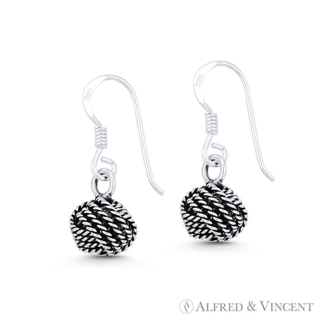 7mm Love Knot Charm Twist-Rope-Detail Dangling Hook Earrings in Oxidized .925 Sterling Silver