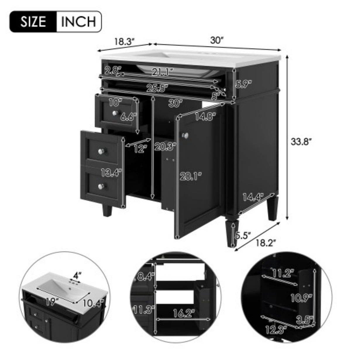 30" Bathroom Vanity with Sink, Modern Freestanding Bathroom Vanity Cabinet with Ceramic Sink, 3 Drawers & Tip-Out Drawer, Adjustable Shelf, White Storage Cabinet, Black