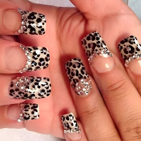 24Pcs Square Fake Nails Press On Nails Artificial Nails False Nails Glues On Nails Leopards Designs French Nails Tips