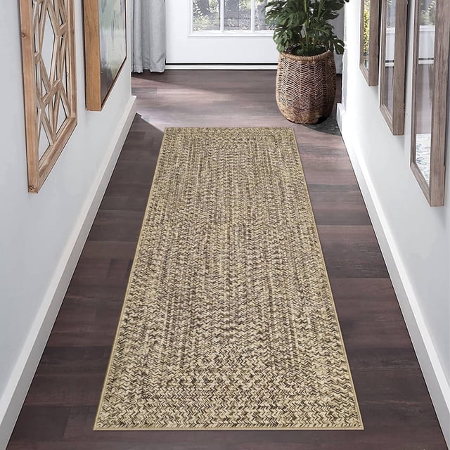 Garvee 2'x6' Runner Rugs Kitchen Entryway Braided Print Rugs, Machine Washable Non-Slip Low Pile Indoor Rugs for Hallway, Bedroom, Living Room, Light Yellow