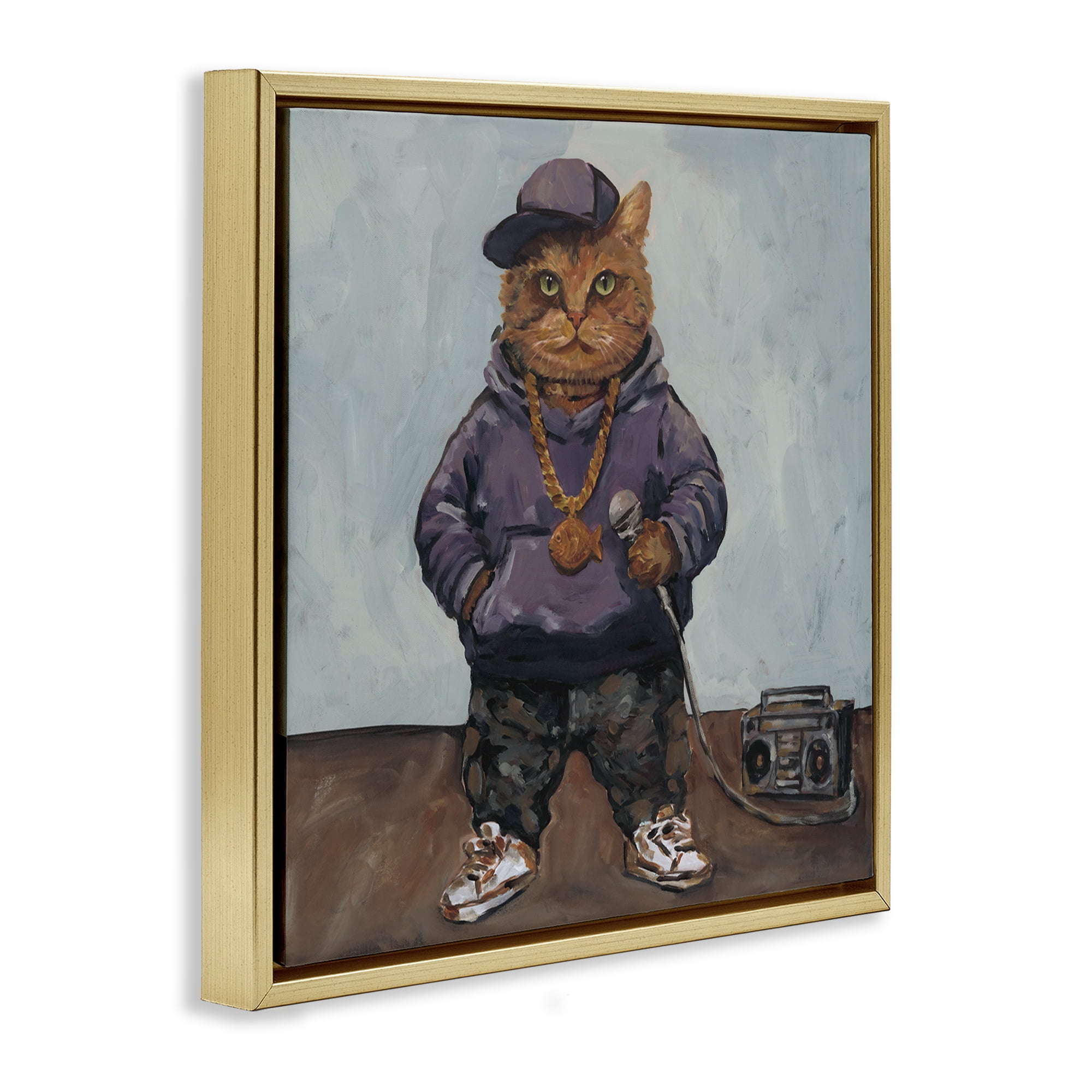 Stupell Industries Urban Hip-Hop Cat Gold Framed Floater Canvas Wall Art, design by Studio Bautista