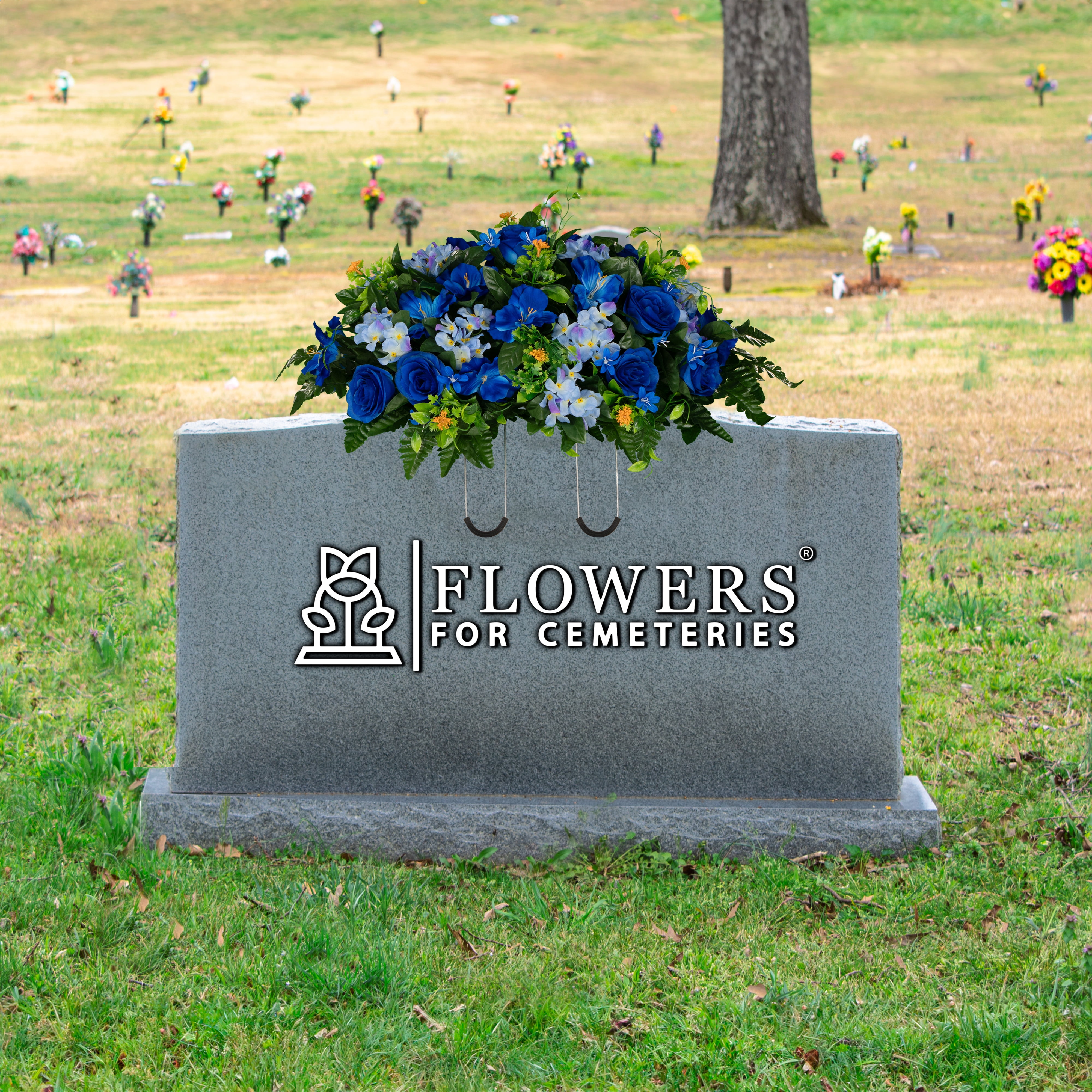 Sympathy Silks Artificial Cemetery Flowers - Blue Roses and Hydrangea - Saddle for Headstone