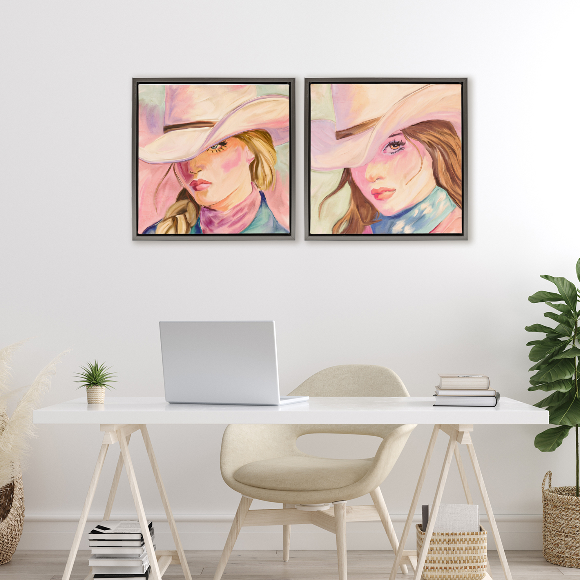 Pastel Cowgirls Gazing 2 Piece Gray Framed Floater Canvas Set, design by Kim Allen