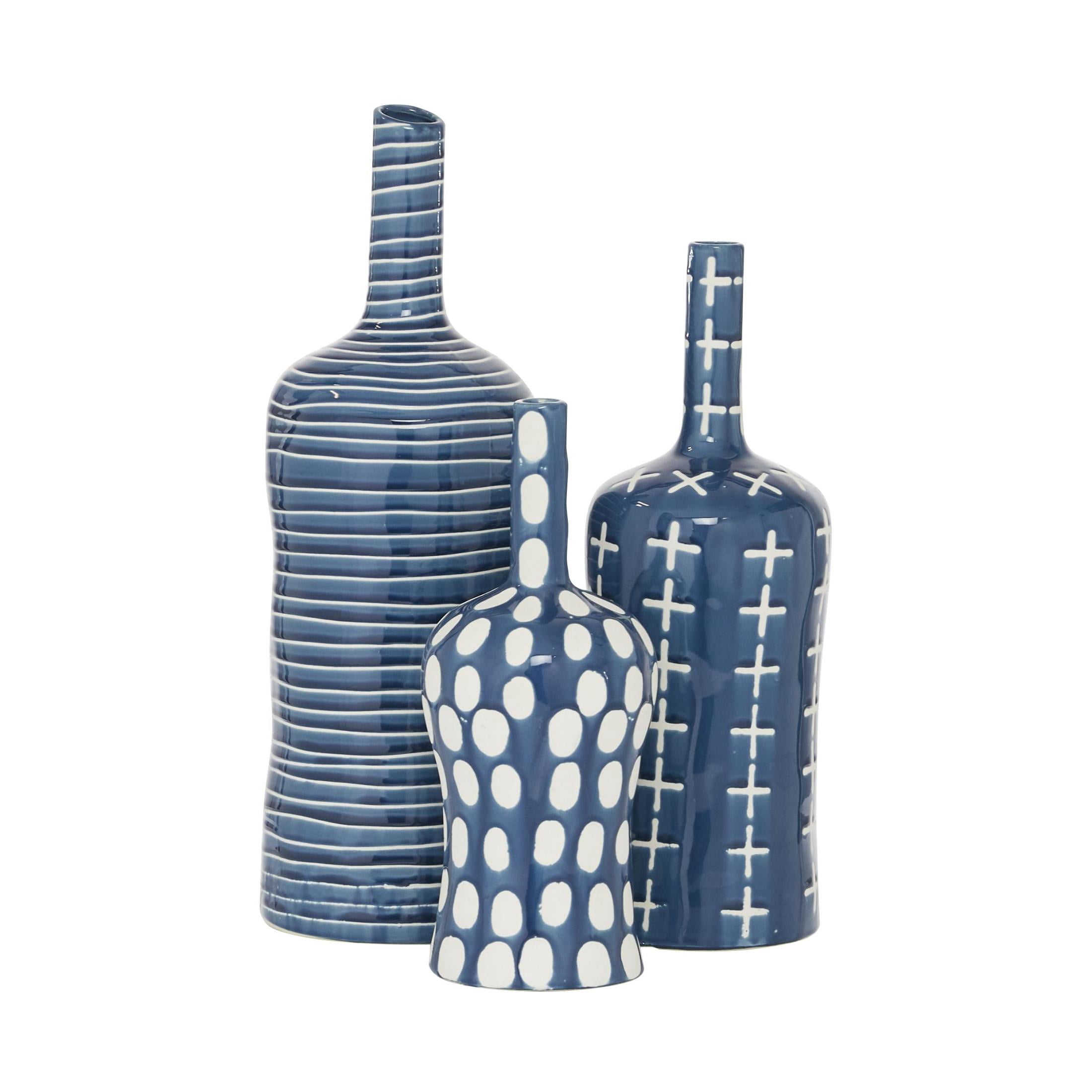 DecMode 12", 15", 19"H Blue Ceramic Vase with Varying Patterns, Set of 3