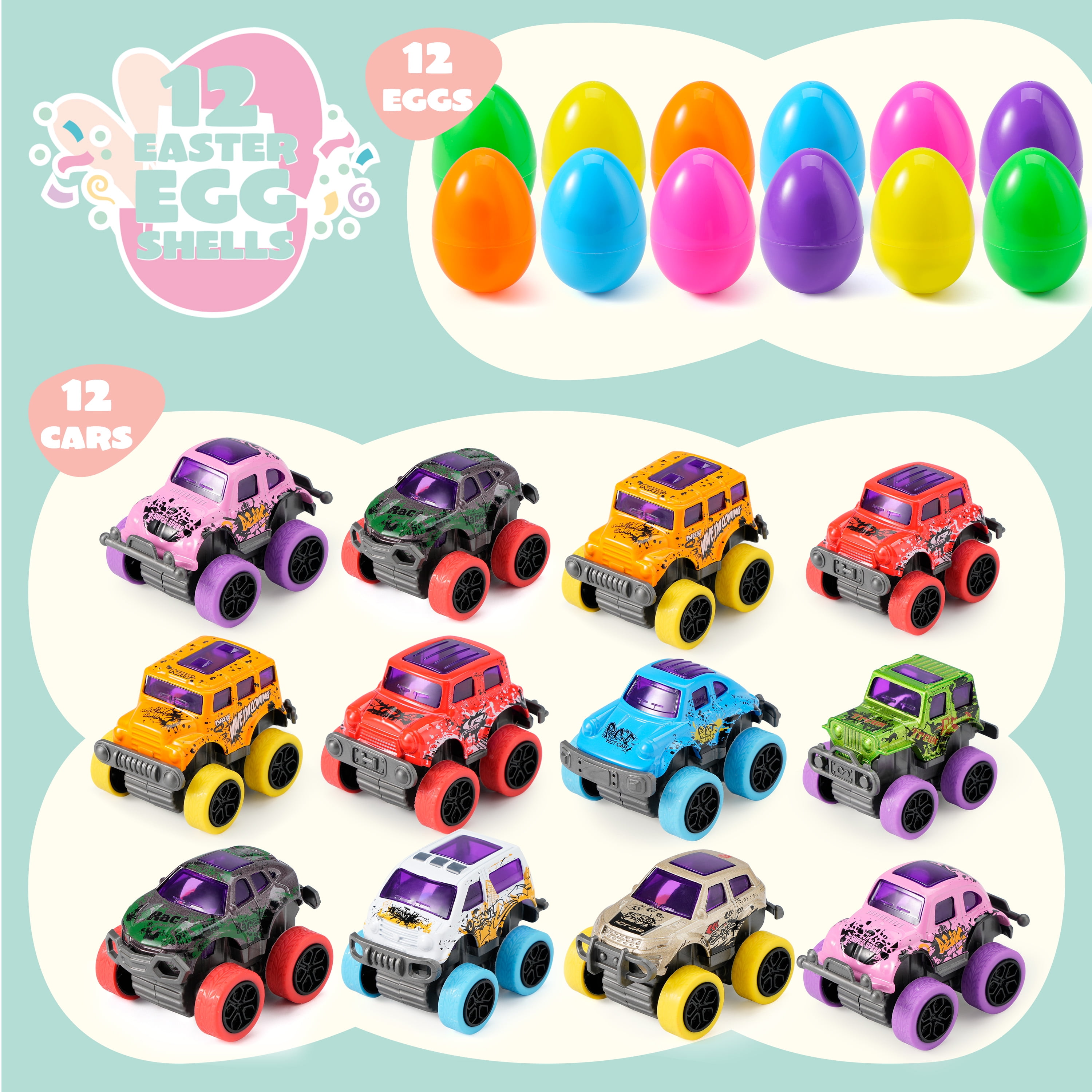 Joyfy 24 Pcs Easter Eggs Filled with Toys(12 Cars and 12 Eggs),Easter Egg Fillers Mini Toys Truck Basket for Toddlers Kids Boys,Easter Egg Hunt Supplies