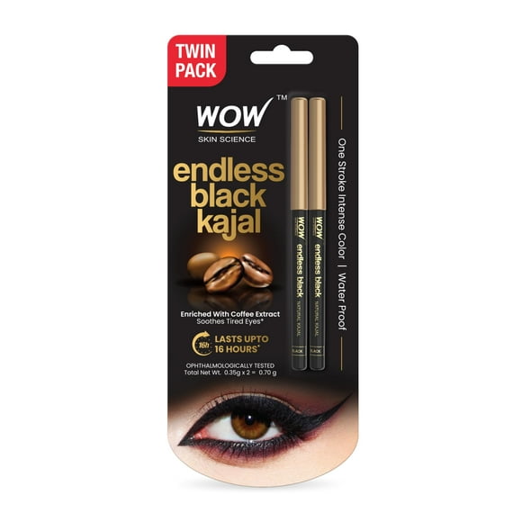 Wow Skin Science Endless Black Natural Kajal | Water Proof & Smudge Proof | Long Lasting Kajal Upto 16 Long Hours | No Parabens And Mineral Oils | Pack Of 2