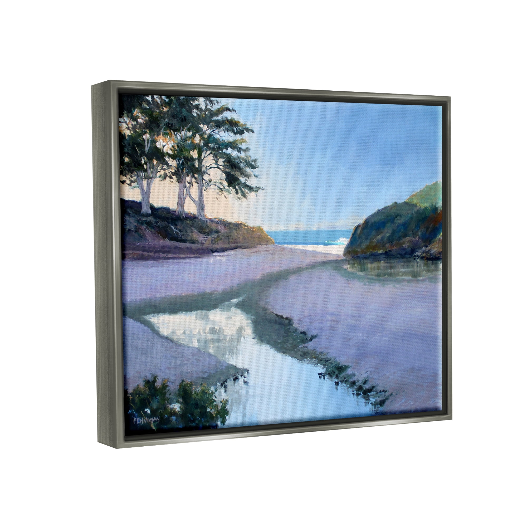 Stupell Seaside Riverbank Beach Shore Landscape Painting Gray Floater Framed Art Print Wall Art