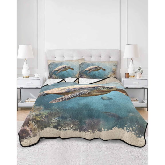 Quilts King Size, Ocean Turtle Soft Comforter Bedding Set for Bed, Retro Coral Reef Illustration Coastal Lightweight Quilted Bedspread with Pillow Cover(2 Pieces) for All Season, 96x106 Inch