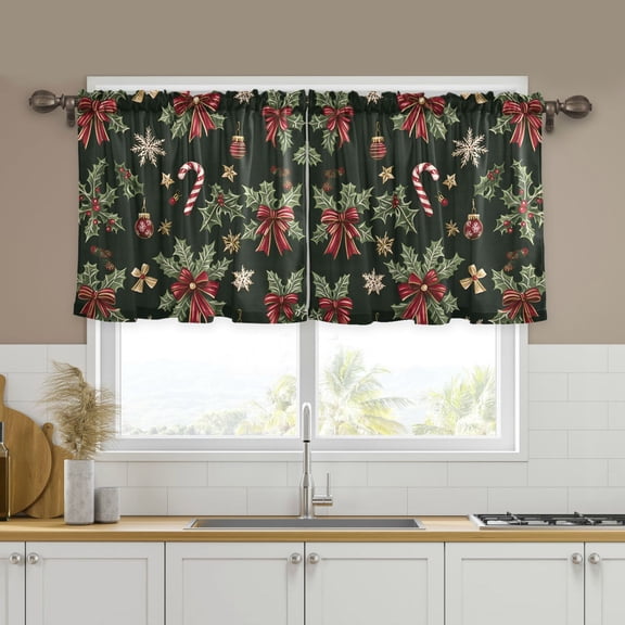 Yayeee Kitchen Curtains Set of 2 Light Filtering 57"x36" Over Sink Window Panels, Green Christmas Holly