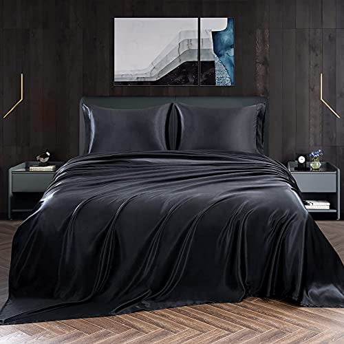 Details about    4pcs Satin Sheets Set Luxury Silky Satin Bedding Set with Deep Queen Black 