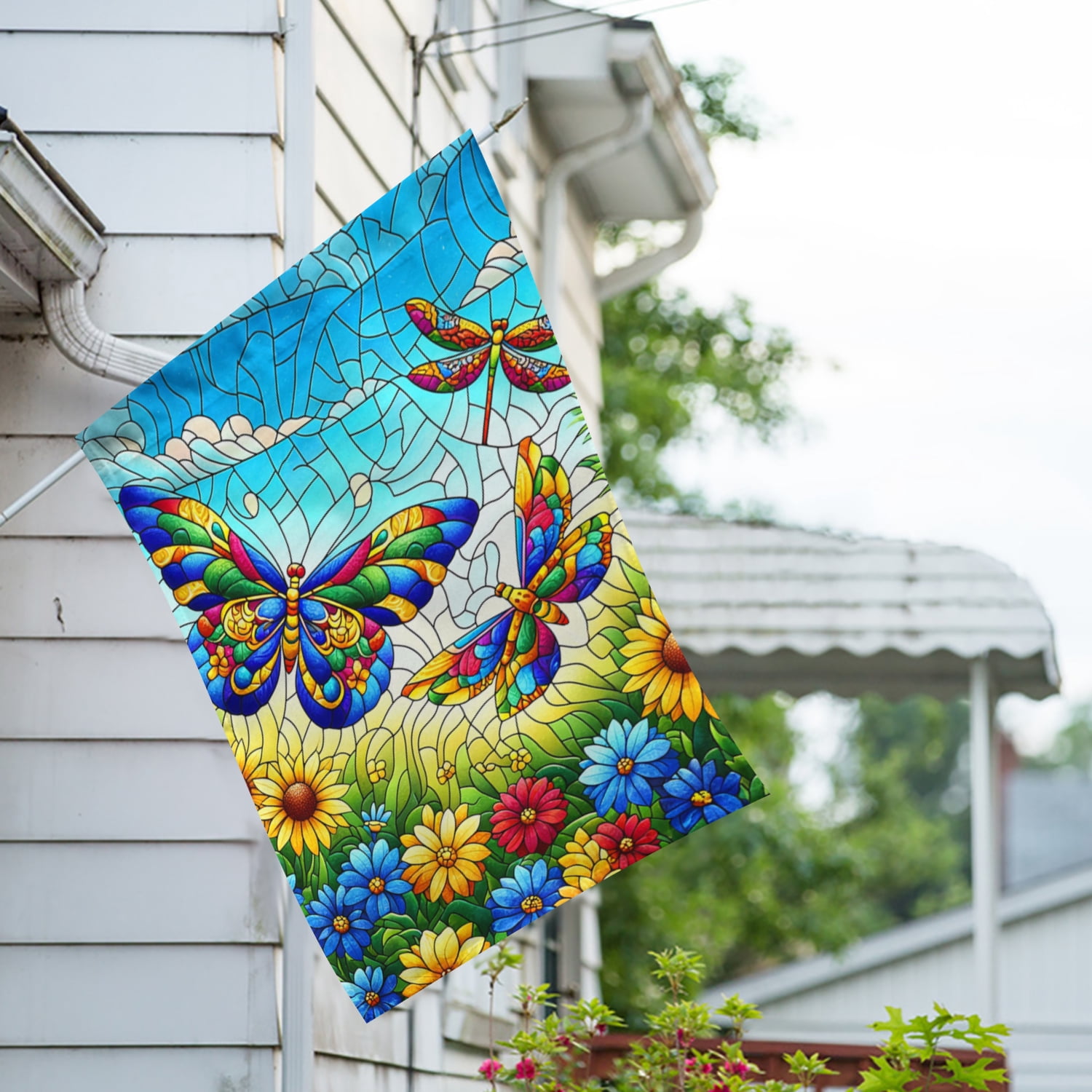 America Forever Stained Glass Butterfly House Flag, 28 x 40 inch Double Sided, Spring Summer Fall Floral Decorative Seasonal Outdoor Decor, Holiday Outside Decorations Yard Flag