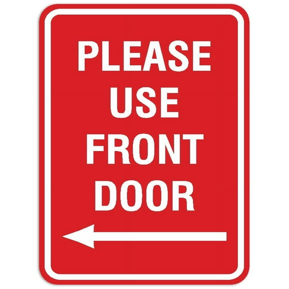 Signs ByLITA Portrait Round Please Use Front Door Left Arrow Sign - Laser-Engraved Lettering | Durable ABS Plastic | Vibrant Colors | Powerful Foam Tape (Red) - Large