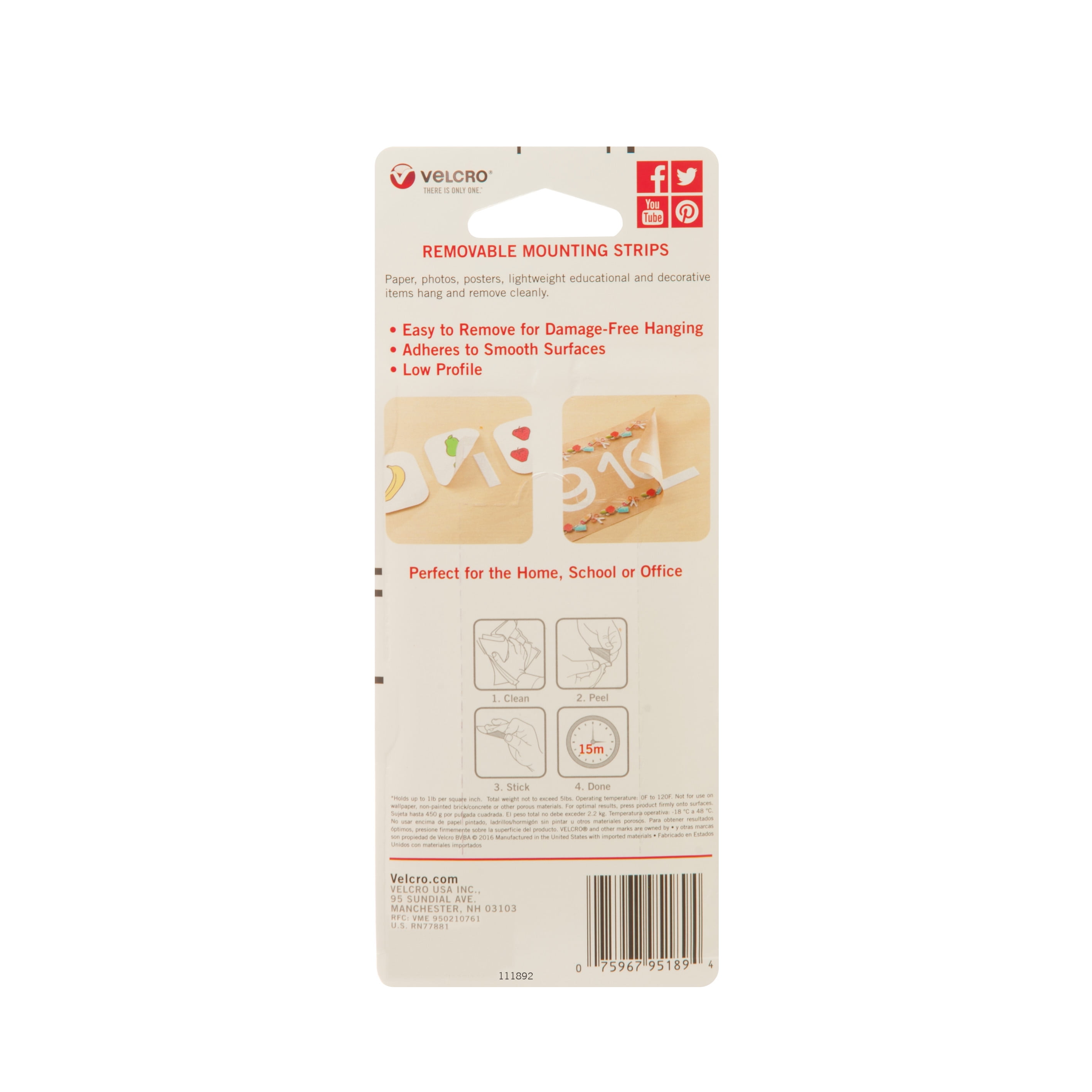VELCRO Brand - Removable Mounting Strips, Damage-Free Decorating, 3 1/2" x 3/4", 4 per pack