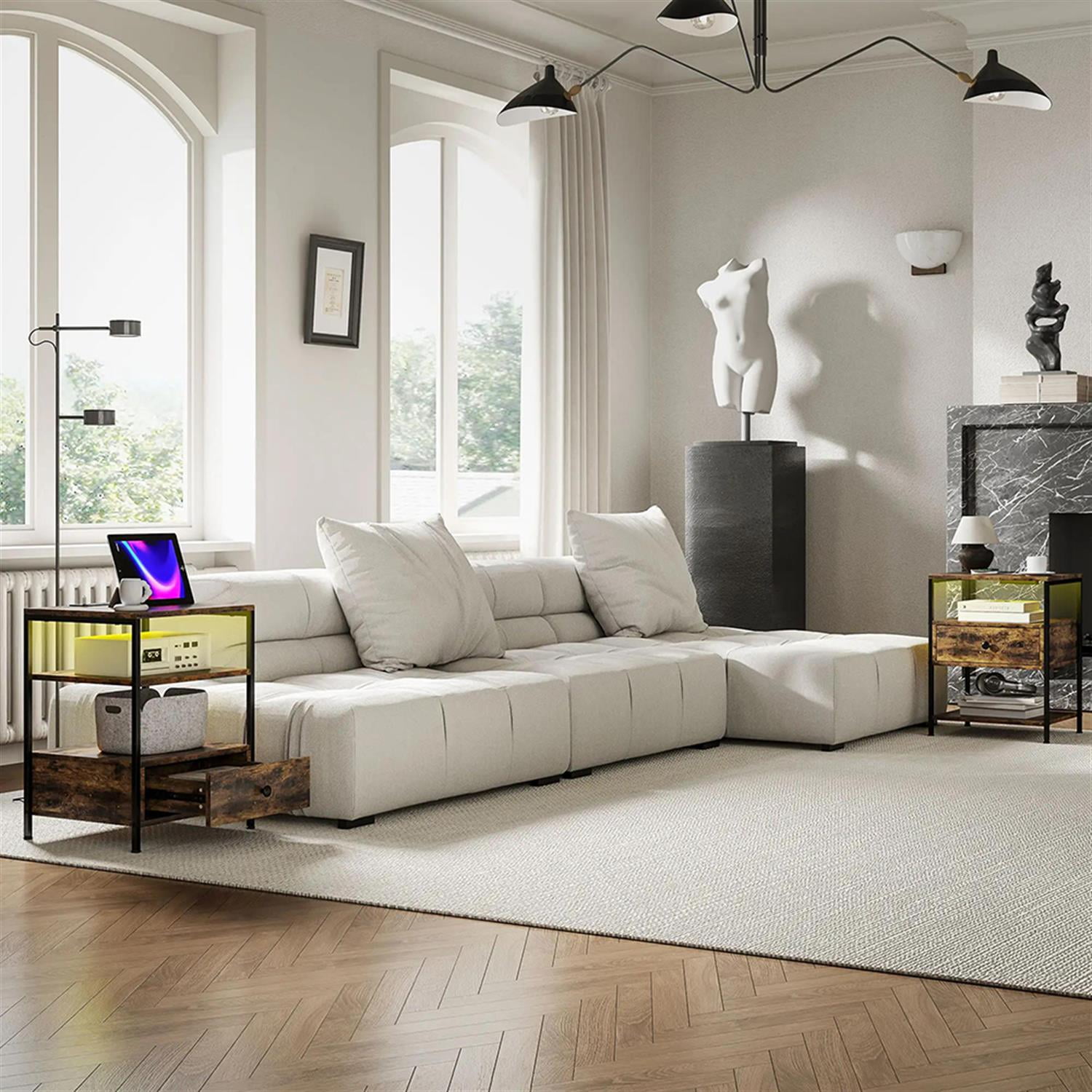 Demi Bonn Nightstand with Charging Station Set of 2, Side Table with Drawers and LED Lights, End Table with Open Shelf for Bedroom, Living Room, Brown