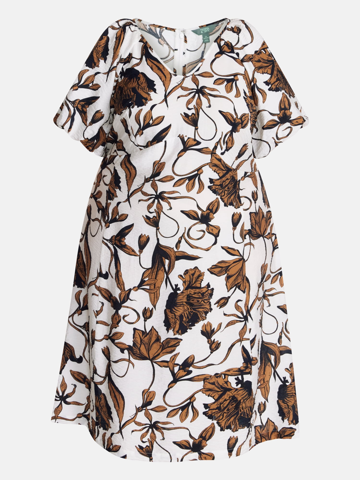 Terra & Sky Women's Plus V Neck Midi Dress with Short Puff Sleeves, Sizes 0X-5X