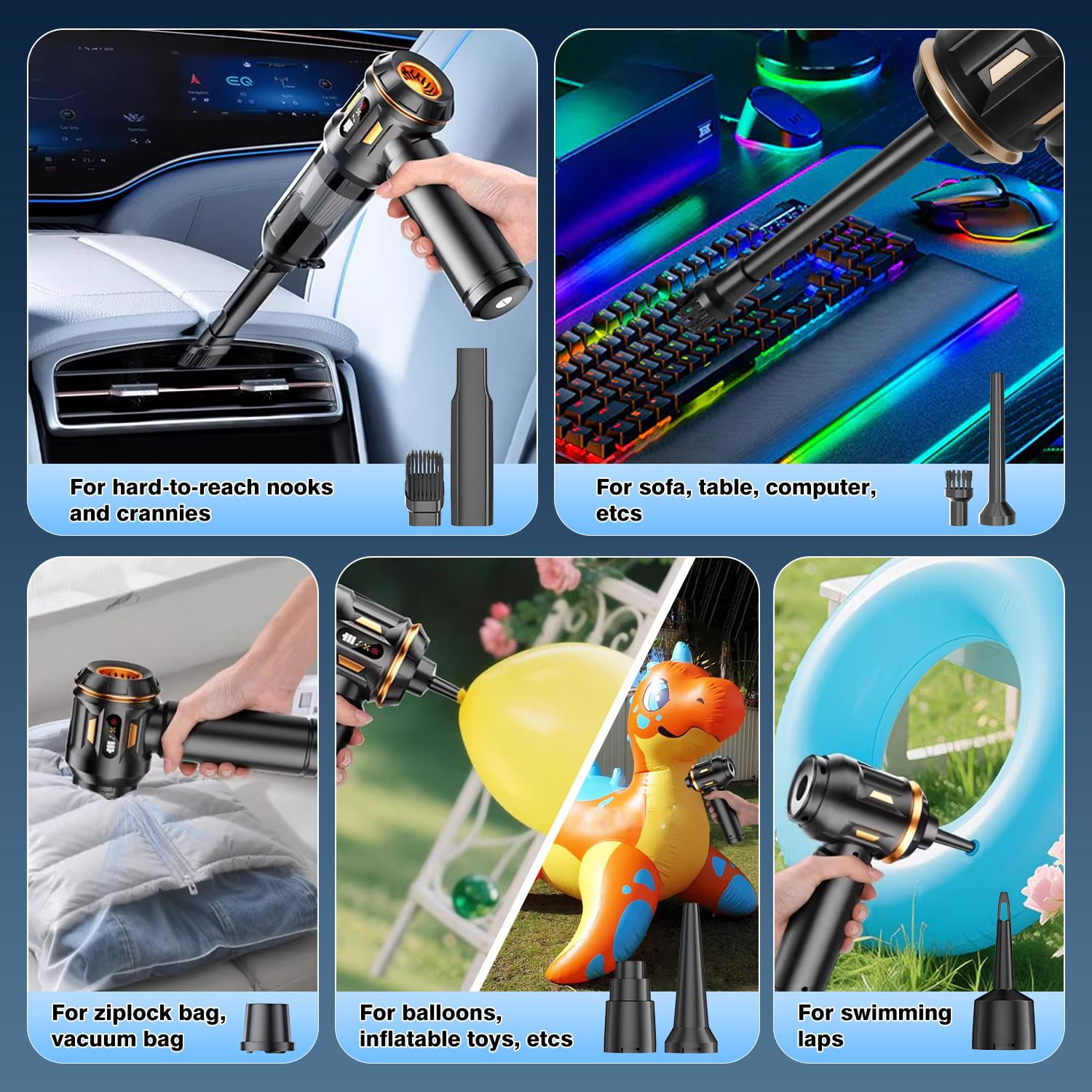 Canvcle Car Vacuum Cleaner, 4 in 1 Vacuum Cleaner & Air Duster, 16000Pa Brushless Motor Handheld Vacuum Cordless with 2000mAh Battery, LED Light, Multi-Nozzles for Car, Home, Office, Keyboards
