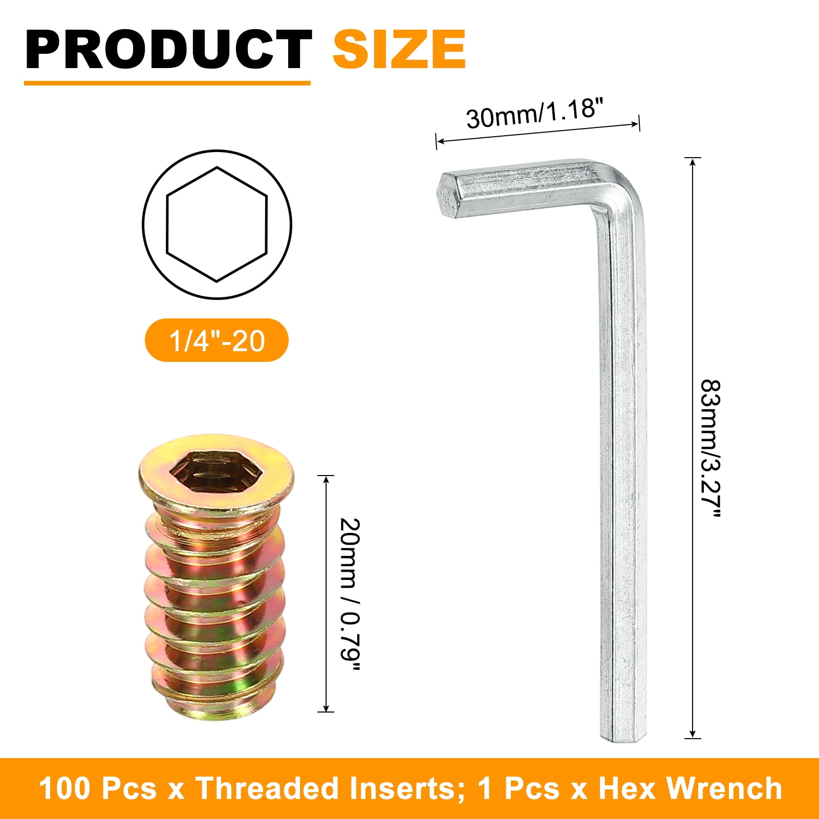 100 Pcs Threaded Insert for Wood, 1/4 - 20 Threaded Studs 20mm Length, Gold